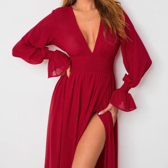 Boho red shirred waist wrap hem maxi dress - Picture 2 of 5